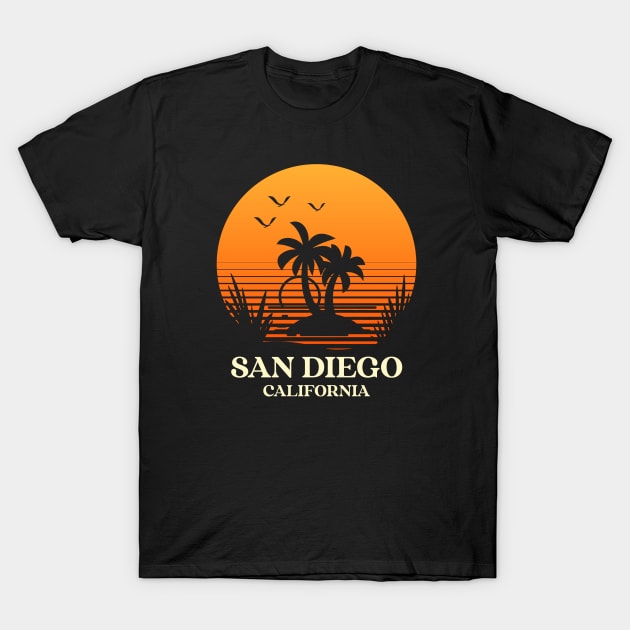 San Diego California Retro 80s Sunset T-Shirt by Inspire Enclave